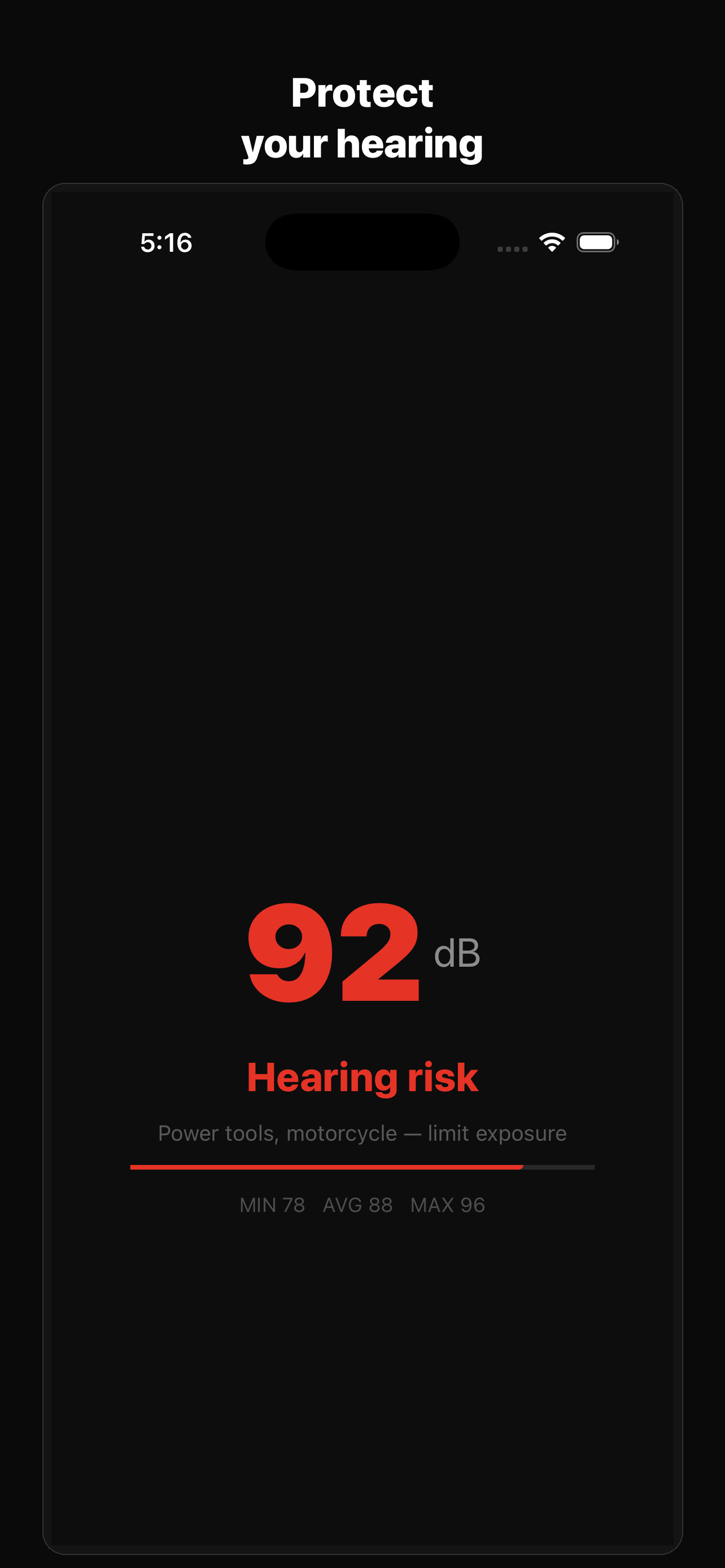 dB Meter at 92 dB — Hearing risk, red